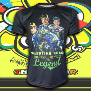 เสื้อยืด T-shirt MotoGP สำหรับแฟนคลับ, วาเลนตีโน, รอสซี ที่เสียงรูปแบบยืดหยุ่นของคอกลม ซึ่งมีรูปแบบยืดหยุ่นของคอกลมและเข็มซ้ายที่สวยงาม
