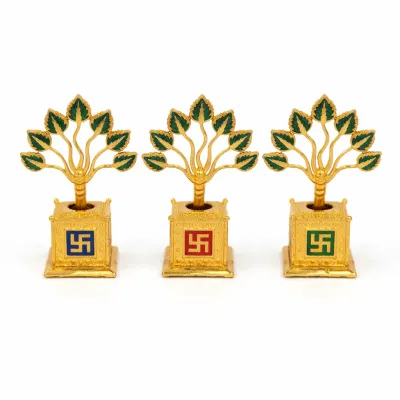 Metal Mini Tulsi Plant with Swastik Base | Gold Plated Vastu Tree for Home Office Pooja Room & Car Dashboard Décor (Height - 2.5 Inch | Pack of 1)