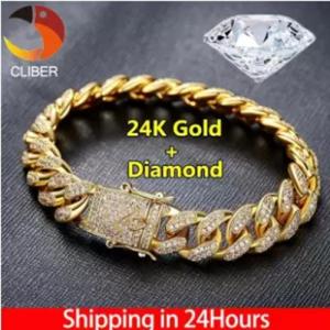 Cliber แฟชั่นบุรุษสตรีโซ่ฮิปฮอปเย็นออกขอบคิวบาเพชร 18 พันทอง/24 พันทอง/925 สร้อยข้อมือชุบเงินปูล้าง rhinestones