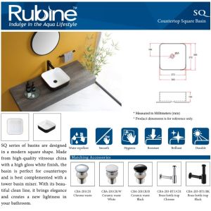 Rubine Bathroom Ceramic Countertop 40cm Square Basin SQ40BW (5yr warranty on Ceramic)