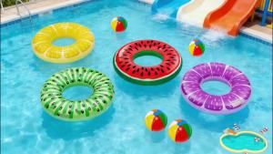 8 Pack Inflatable Pool Floats Pool Toys for Swimming Pool Party Kids Adults 4 Pcs Fruit Swim Tube Rings & 4 Pcs Beach Balls Pool Floaties Summer Lake Hawaiian Beach Luau Party Decorations Water Fun