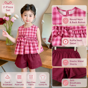 AILEBE Kids Sets Plaid Sleeveless Vest Loose Shorts Set Four-Way Stretch Breathable Summer Wear Delicate Lace Hem Layered Look Wrinkle-Resistant Easy Care Cute Plaid Print With Sweet Lace Pambahay OOTD For Baby Girls 1-8 Years