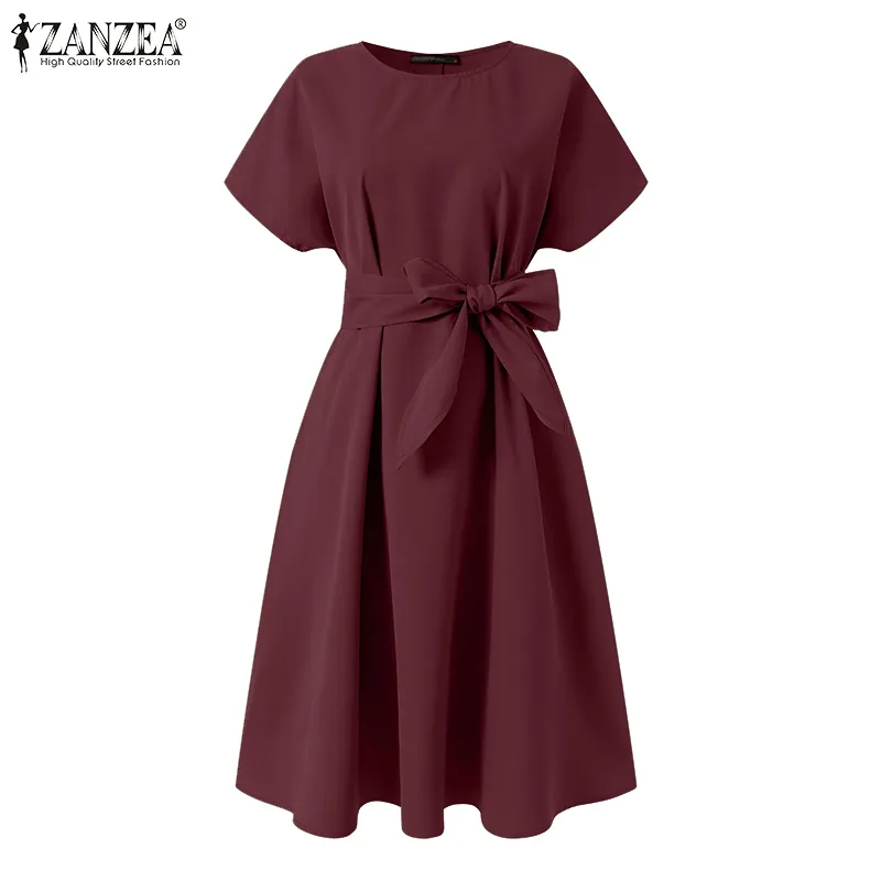 Hot Sale】MOMONACO ZANZEA Womens Long Sleeve O Neck Midi Dress