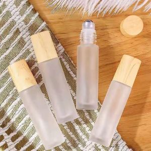 DISHONORSTORE76RE2 Frosted Glass Empty Bottle Wood Grain Cover Roll on Steel Ball Glass Dropper Portable 5/10ml Essential Oil Vials Perfume Oil Cream