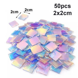 NOBLELYN 50pcs Rainbow Iridescent Mosaic Tiles Acrylic Dual Tone Surface Holographic Mosaic Pieces  Smooth Edges Mosaic Squares Mosaic Art