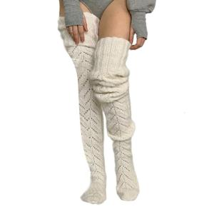 Womens Winter Fall Hollowed Knitted Thigh High Boot Socks Long Over The Knee Winter Solid Color Stockings Leg Warmers