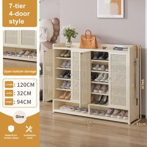 Wood Shoe Cabinet Bamboo Rattan Design Door Breathable Bamboo 2/3/4 Doors 7 Layers White Shoe Cabiet
