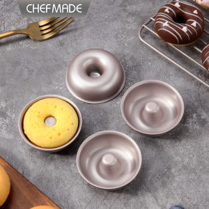 CHEFMADE Mini Donut Cake Pan Set 3-Inch 4Pcs Non-Stick Ring Doughnut Bakeware for Oven and Instant Pot Baking (Champagne Gold) WK9909-4