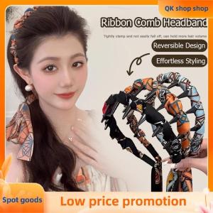 ✨QK shop✨ Ribbon Comb Headband Vintage Wave Headband With Floral Ribbon & Comb - Reversible High Crown Effect Hairband