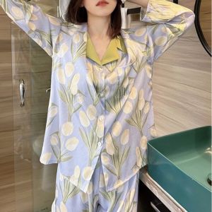 CICI Loose Pajamas Set Women Ice Silk Cardigan Two-Piece Nightwear Luxury Sweet Floral Sleepwear Spring Autumn