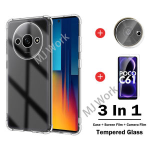 3 in 1 Case For Poco C61 PocoC61 C 61 4G Xiaomi 2024 Phone Casing Clear Transparent Back Cover Shockproof Bumper Soft TPU Flexible Screen Camera Lens Protector Tempered Glass Film Anti Scratch