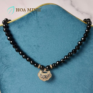Dây cổ đá Mã Não đen tròn size 8 li cắt giác phối mặt khóa trường mệnh bánh xe đính đá xi vàng hồng phong cách độc đáo thời trang | Hoa Minh Gem