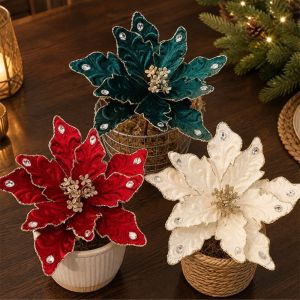 MIRELAE Vải nhựa Hoa giả trang trí Giáng sinh Trang trí tự làm Đồ trang trí Đồ trang trí cây thông Noel Chất lượng cao. 22cm Hoa trạng nguyên lấp lánh Giáng sinh