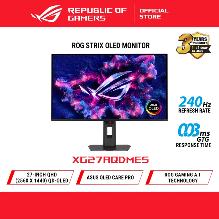 ROG Strix OLED XG27AQDMES gaming monitor ― 27-inch (26.5-inch viewable) 1440p QD-OLED, 240 Hz, 0.03ms, Neo Proximity Sensor, ASUS OLED Care Pro, ELMB, G-SYNC®