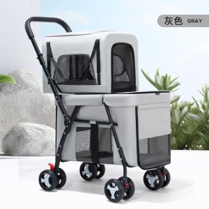 【SG Seller】Double-layer Pet Stroller Dog Cat Outdoor Portable Folding Stroller with Detachable Carrier Strolling Cart