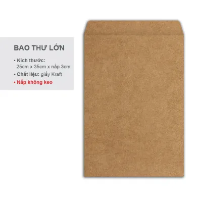BAO THƯ GIẤY KRAFT A4 - 25X35CM - LOẠI TỐT (GIẤY DÀY) - 100 CÁI/ XẤP - NẮP KHÔNG KEO