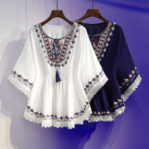 Womens Short Sleeved Summer New Loose Casual Oversized Design Fashionable and Western-style Chiffon Shirt Covering The Belly and Showing Slimming Ethnic Style Top