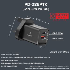 (SG) ALON Novalite Series USB Wall Charger Adapter - PD QC 3.0 PPS 65W 48W 33W Super Fast Charging