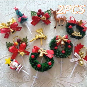 2PCS Christmas Cake Topper Christmas Tree Grass Circle Leaf Gift Box Santa Baking Cake Decoration