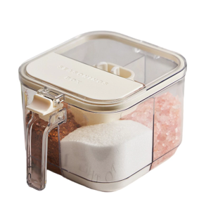 Functional Clear 4 Section Countertops Condiment Dispenser with Snap Tight Lid for Salt Pepper and Baking Needs