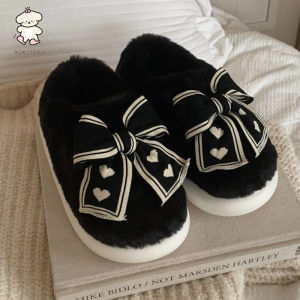 WY-XIXITIAO รองเท้าแตะผ้าฝ้ายผ้ากำมะหยี่โบว์หัวใจสไตล์นางฟ้าอบอุ่นสำหรับผู้หญิงฤดูหนาวพื้นรองเท้านุ่มสบายๆ