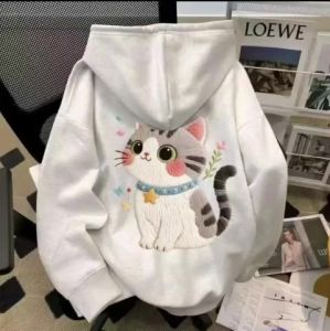 😼kids hoodieJacket Hoodie Zip with Zipper and Loose Pocket for Girls with Cat and Flower Print