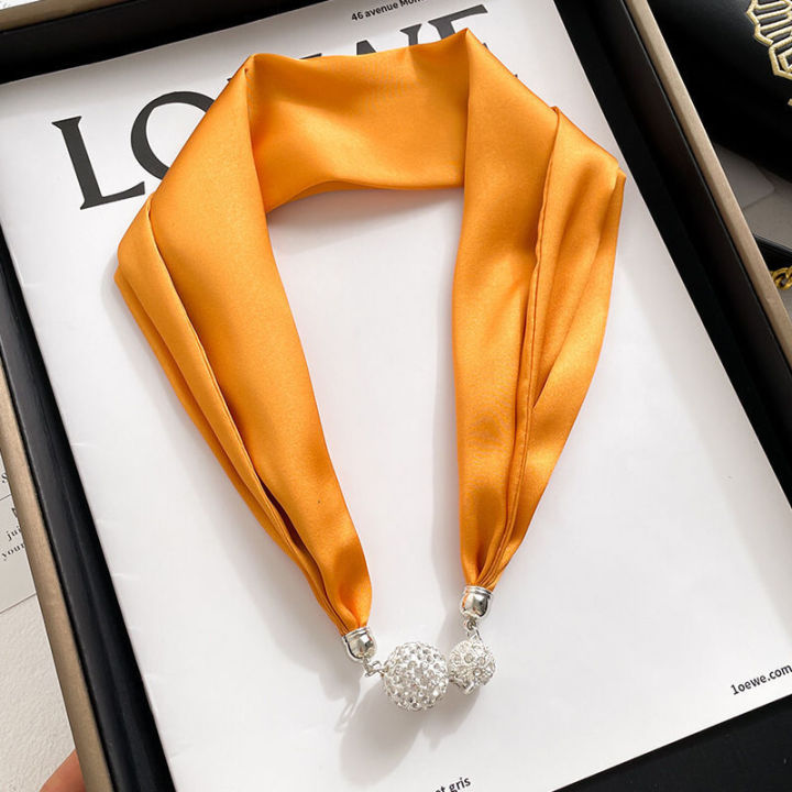 Plain Pearl Pendant Small Silk Scarf Strap Necklace Neckties Satin