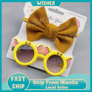 2pcs/set childrens sunglasses cartoon baby sunshade mirror elephant bow solid color headband combination set decoration