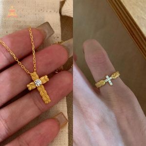 Womens Sparkling Diamond Cross Pendant Necklace Vintage Gold Wheat Design Chocker Necklace