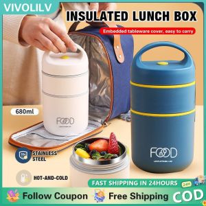 VIVOLILV 680ml 2 Layer Lunch Box 304 Stainless Steel Insulated Lunch Box With Bag Thermal For Kids Office Worker Insulation Bucket Small Soup Box Portable Breakfast Box