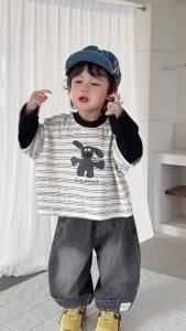 Childrens clothing Korean style spring outfits baby spring outfits 2026 Korean-style childrens clothing for boys faux two-piece design T Shirt and jeans set
