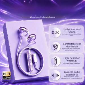 PHANT Type-C Ear Clip Headphones 3.5mm HiFi Clip on Earphones Not in Ear Headphones Wire Control Ear Clip Earphones Smartphone
