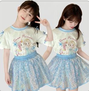 BB151  ชุดเซ็ทเด็กสโนว์ เสื้อแต่งโบว์ดอกไม้ กระโปรงกลิตเตอร์วิ้งสีฟ้า ฟุ้งฟิ้งมาก น่ารักใส่สบาย