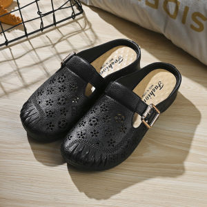 [Free Shipping] New Flat-Heeled Non-Slip Closed-Toe Slippers For Mothers Faux Leather Mid-Heel Perforated Slippers For Women To Wear Outside