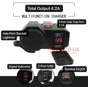 MLD-3028 Charger Motor Voltmeter 2 USB Cas HP di Motor Stang Motor Spion Motor Casan 4.2A WaterProof Socket Lighter