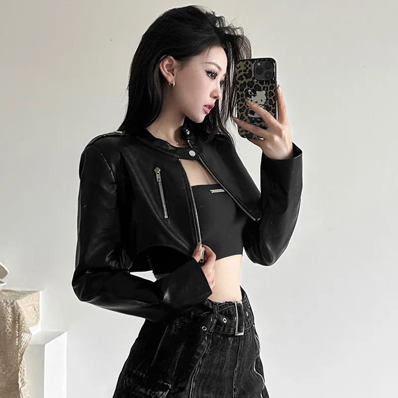 Cutenew Fashion Street Cool Girl Women PU Leather Long Sleeve