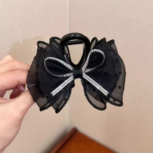 New Korean Mesh Bow Hair Clip for Women Elegant Rhinestones Hair Clamp Fashion Girl Ponytail Clip