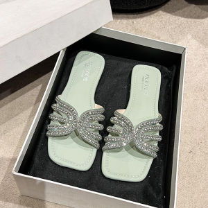 [Free Shipping] WomenS Flat Sandals For Summer Open-Toed Suitable For Outdoor Wear With Rhinestones Versatile With Skirts Large Size Slippers