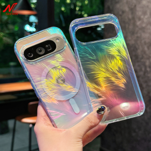 For Google 9A Cases Feather Pattern Laser Aurora for Magnetic Case for Google Pixel 9 Pro XL 10 8 8A Matte Armor Cover