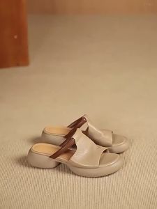 [Free Shipping] 2026 New Soft Leather Thick-Soled Open-Toe Womens Summer Sandals Soft Sole Soft Upper Chunky Heel Womens Slippers