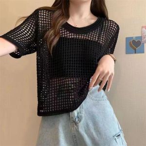 Womens Knitted Short-sleeved Top New Thin Ice Silk Hollow Sunscreen Shirt