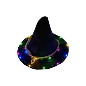 VINEY Gothic LED Witch Hat Black Pointed Design Light Up Wizard Hat Fashion Wide Brim Glowing Halloween Cap Party Props