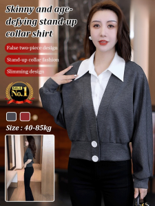 💖Slimming and Age-Reducing Fake Two-Piece Stand-up Collar Shirt Large Size Womens Clothing Age-Reducing Waist-Slimming Splicing Fake Two-Piece Shirt Tops假两件立领衬衫