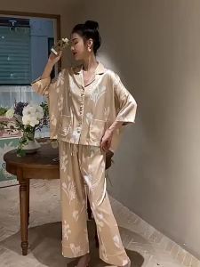 2024 New Pajama Set Womens Spring Summer Ice Silk Cardigan Suit Sleepwear Thin Large Loose Home Clothes