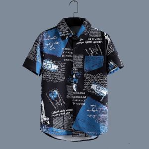 summer short sleeve shirt Mens fashion breathable newspaper Mens shirt Mens Aloha shirt