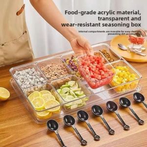 SJJL 6-Compartment Seasoning Storage Box Transparent with Lid Ice Powder Box 6 Spoons Kitchen Storage Boxes for Spices Powders