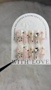 【HANDMADE+Free Glue】Long Oval Press on Nails Transparent Christmas nails pink bow romantic fireworks crystal angel wings Artificial Nail Phototherapy Fake Nail Patch Nails Reusable
