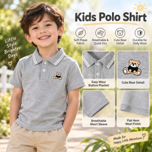 AILEBE Kids Tshirts Pique Shirt Short Sleeve Button Placket Cute Bear Print Soft Breathable Sweat-Absorbent Quick Dry Durable Casual OOTD Pambahay School Outdoor Summer For Boys Girls