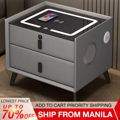 MC-home Smart bedside table with three drawers three-color lights wireless charging Bluetooth speaker fingerprint lock minimalist modern leather-wrapped design