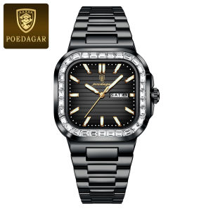 POEDAGAR Luxury Men Watch Diamond Square Dial Man Clock Stainless Steel Men Watches Waterproof Luminous Date Week Mens Watches Fashion Quartz Watch for Men